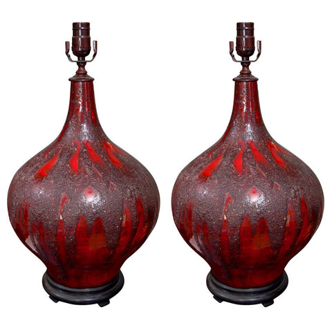 Pair Red Ceramic With Glaze Table Lamps