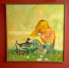 Oil Painting "Girl With Flowers and Cats" by Rabeinter