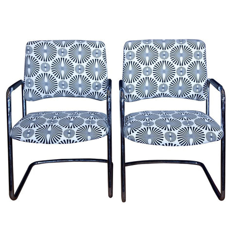 Pair Chrome And Upholstered Chairs By Steelcase