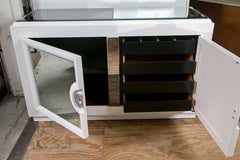White Lacquered Credenza with Juxtaposing Mirrored Doors and Top